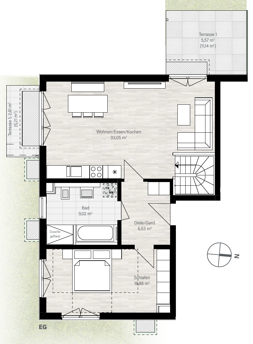 Plan du seul appartement 1 au rez-de-chaussée, avec deux terrasses, séjour-cuisine, chambre, salle de bains et escalier intérieur