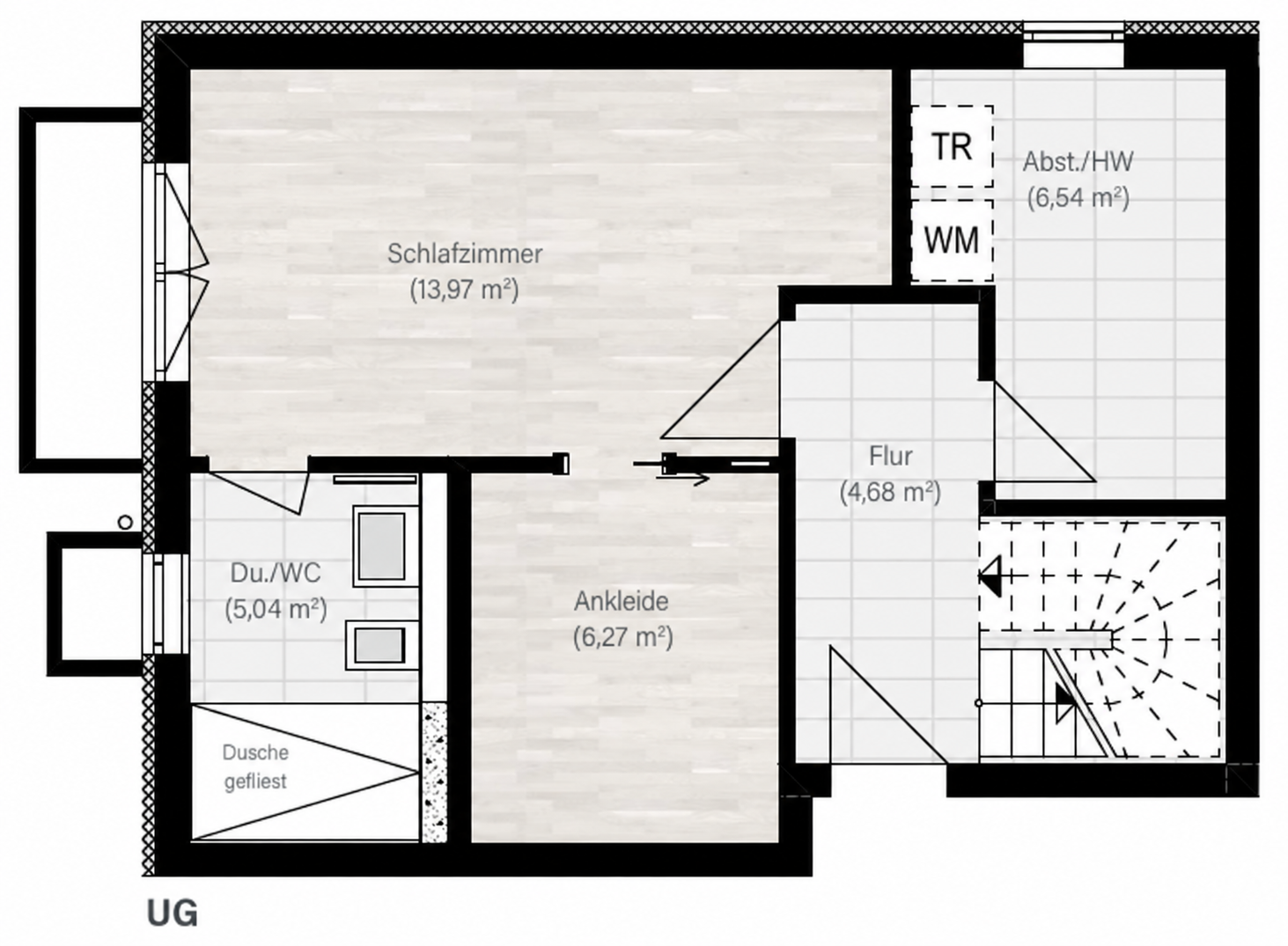 Plan du souplex de l’appartement 1 avec chambre, salle d’eau et dressing directement accessibles, et espace de rangement et buanderie