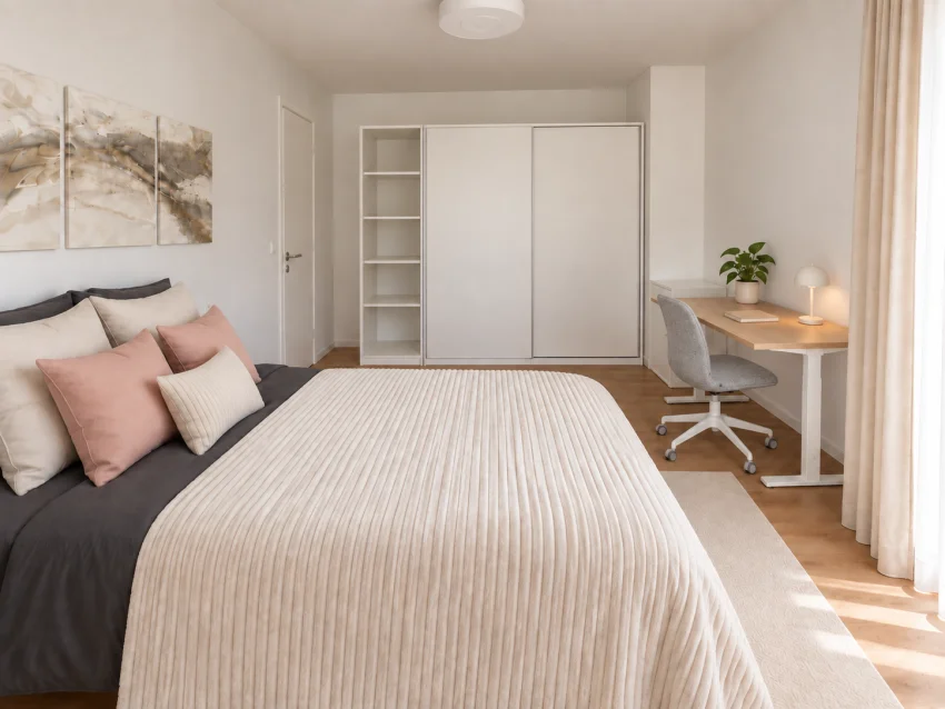 Chambre/chambre d’enfant au rez-de-chaussée avec lit, armoire blanche et bureau avec chaise gris clair